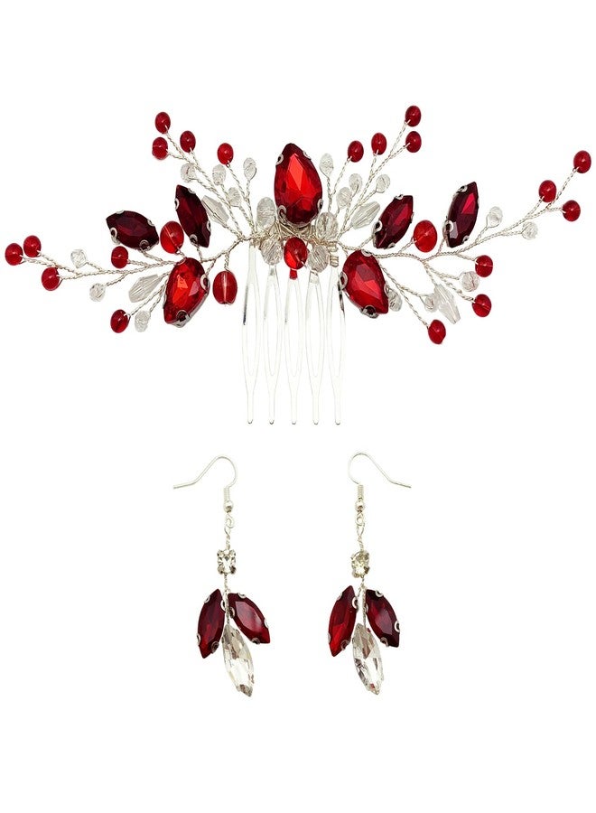 BETITETO Bridal Crystal Hair Comb and Earrings Set Elegant Bride Wedding Hair Piece Accessories for Women Prom Party Photography (Wine Red) - Image 2